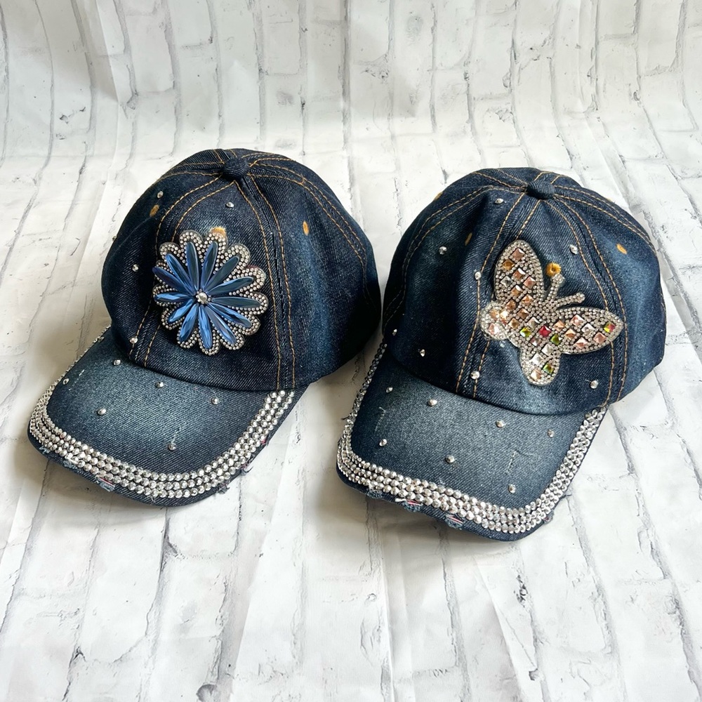 SET OF 2 Y2K Denim Bling Baseball Caps Butterfly & Flower Rhinestones